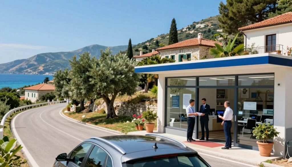 A bright, sunny day on a picturesque road in Corfu, Greece, with a vibrant blue sky and lush greenery surrounding a modern car hire service office. In the foreground, a sleek car with a sunroof parked near the office, which features large glass windows showcasing a welcoming interior. Friendly staff members in professional attire stand by the entrance, ready to assist potential customers. The middle ground features local landmarks such as olive trees and traditional stone houses that capture the essence of Corfu. In the background, rolling hills and the azure sea glisten under the sun, evoking a sense of leisure and exploration. Soft, natural lighting enhances the scene's inviting atmosphere, ideal for hassle-free travel.