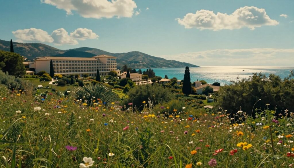 A picturesque scene depicting Corfu's climate, showcasing lush greenery and vibrant wildflowers in the foreground, emphasizing the rich natural beauty of the island. In the middle ground, include the elegant Blue Sea Hotel with Mediterranean architecture, under a clear blue sky scattered with soft, fluffy clouds. In the background, capture rolling hills and the sparkling turquoise sea, reflecting sunlight, creating a serene and inviting atmosphere. The lighting should be warm and bright, evoking a sense of tranquility and relaxation typical of Corfu's climate. Use a wide-angle lens perspective to encompass the landscape's grandeur, and ensure the mood is uplifting, perfect for showcasing Corfu's pleasant weather patterns.
