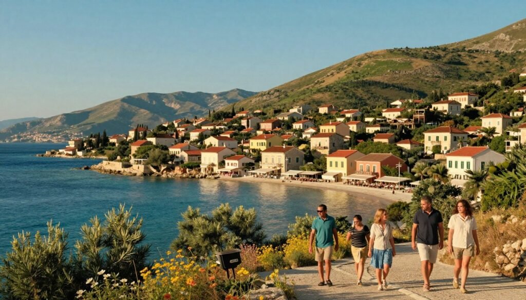 A picturesque view of Corfu in the holiday season, showcasing a charming coastal village with colorful traditional buildings lining the waterfront. In the foreground, a family enjoys a leisurely stroll, dressed in modest casual clothing, capturing the relaxed vibe of a holiday. In the middle ground, vibrant green hills rise behind the village, dotted with olive trees and wildflowers, hinting at the island’s natural beauty. The background features a stunning azure sea under a clear blue sky illuminated by warm golden sunlight, creating a serene atmosphere. Capture this scene from a slightly elevated angle, allowing for a sweeping vista of both the village and the sea, evoking a feeling of tranquility and joy associated with holiday adventures in Corfu.