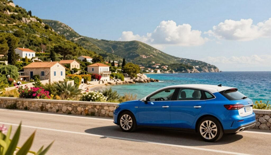 A scenic view of a vibrant blue and white rental car parked along a sunny coastal road in Corfu. In the foreground, the car gleams under the warm sunlight, showcasing its sleek design and inviting atmosphere. In the middle, lush green hills and quaint traditional stone houses are visible, dotted with colorful flowers, adding to the charm of the island. The background features the sparkling turquoise waters of the Ionian Sea, with a clear blue sky and a few fluffy white clouds. The scene conveys a sense of freedom and adventure, perfect for UK travelers seeking to explore the beauty of Corfu. Capture this idyllic moment with soft, natural lighting, using a wide-angle lens to emphasize the breathtaking landscape around the car.