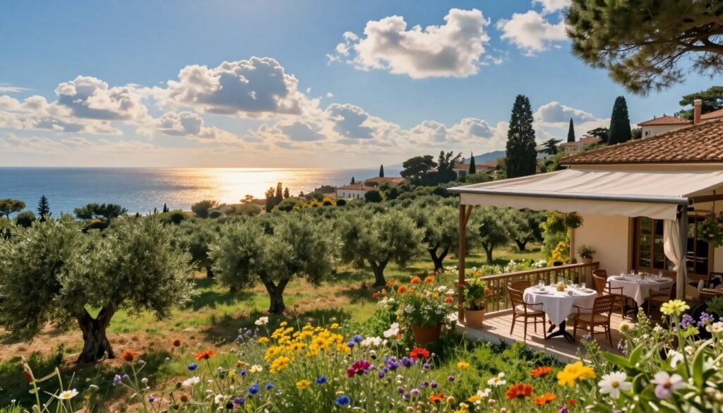 A serene view of Corfu, illustrating seasonal weather variations across the island. In the foreground, vibrant wildflowers and lush greenery showcase a sunny spring day, while a cozy, inviting terrace of the Blue Sea Hotel offers an ideal spot to enjoy the scenery. The middle ground features a picturesque olive grove under a bright blue sky and soft, fluffy clouds, symbolizing the mild summer warmth. In the background, the shimmering Adriatic Sea reflects a golden sunset, evoking a peaceful autumn evening. The overall atmosphere is tranquil and inviting, highlighting the beauty of Corfu's diverse climate throughout the seasons. Soft, natural lighting enhances the colors, and the perspective is slightly elevated, capturing the expansive landscape.