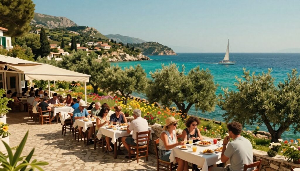 A vibrant summer scene in Corfu, showcasing the essence of the tourism season. In the foreground, a charming outdoor cafe with patrons enjoying local cuisine and drinks, dressed in modest casual clothing. The middle ground features lush green hills dotted with olive trees and colorful wildflowers, complemented by the sun-kissed cobblestone streets. In the background, the sparkling turquoise waters of the Ionian Sea stretch towards a clear blue sky, with a sailboat gently gliding across the horizon. Soft, warm lighting casts a golden hue, enhancing the relaxed, joyful atmosphere. Use a wide-angle lens to capture the expanse and beauty, evoking a sense of wanderlust and seasonal charm that invites visitors to explore Corfu.