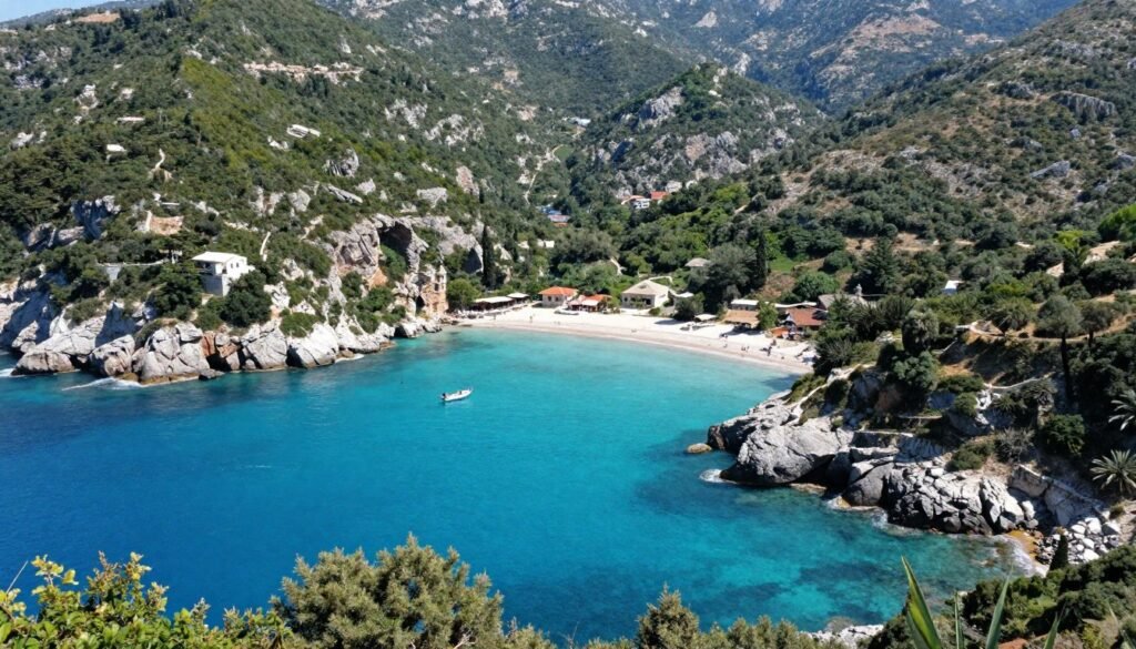 Beautiful view of Paleokastritsa bay in Corfu with its turquoise waters and surrounding green hills