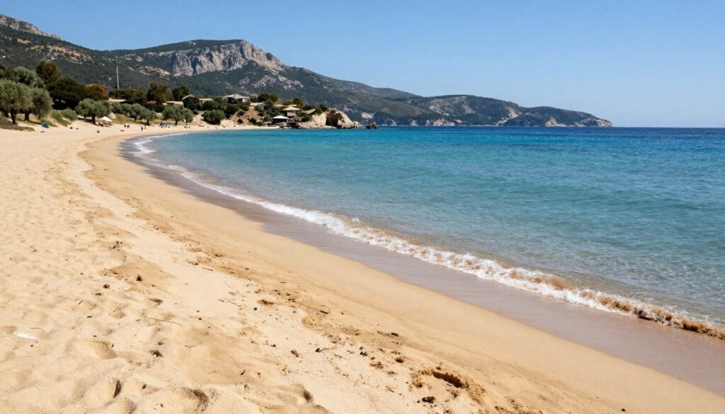 Long sandy beach of Agios Georgios Argyrades in South Corfu with clear blue waters