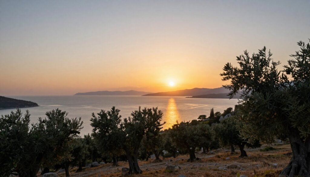 Sunset view over the Ionian Sea from a Corfu hillside with olive trees in the foreground